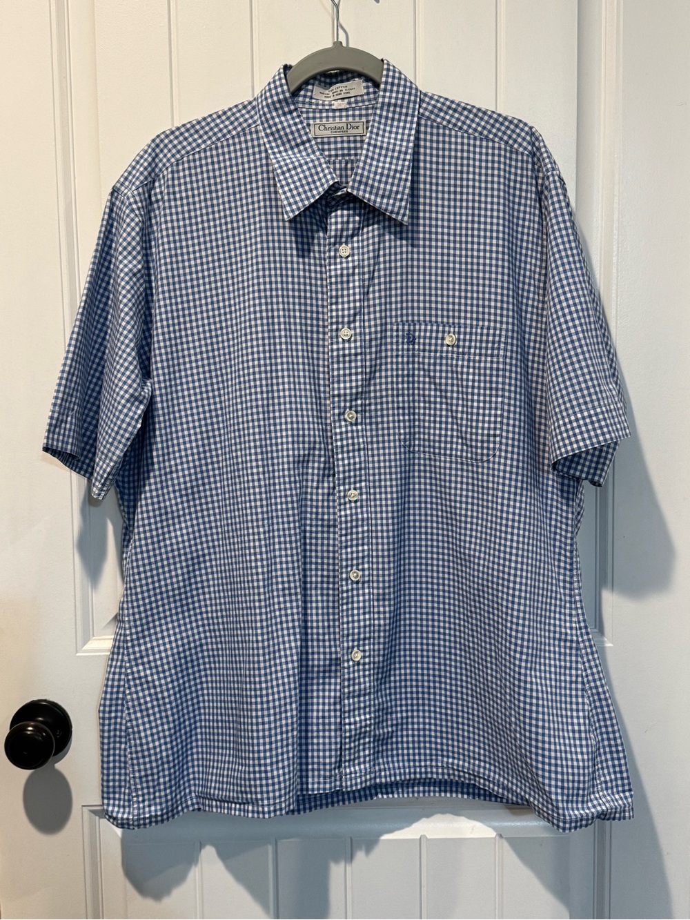 Vintage Christian Dior Men’s Blue Gingham Short-Sleeve Button-Up Shirt